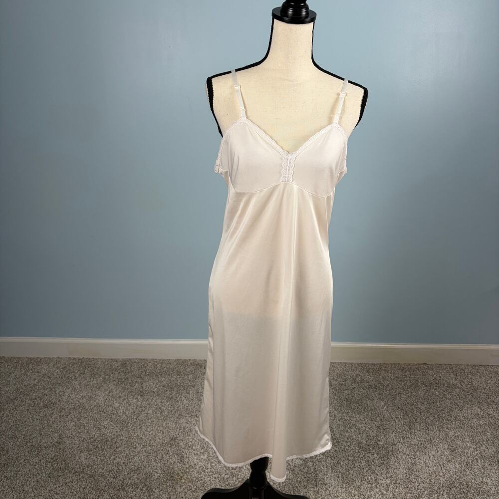 Vintage Sears The Doesn't Slip 70s Ivory Lace Slip Dress Nylon 36 coquette